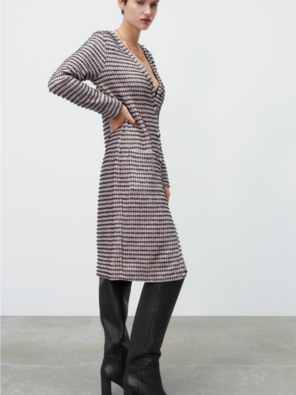 ZARA Tweed Knit Cardigan Dress Pink Black Medium